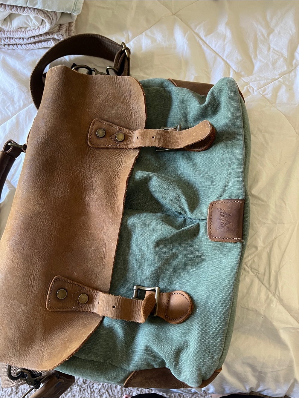 Canvas Messenger Bag in Green with Brown Leather Trim